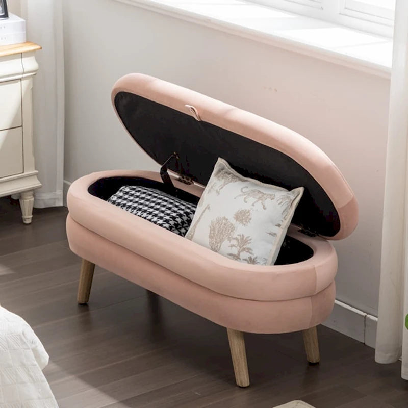 Banc de rangement capitonné avec pieds en bois, velours et bouclette