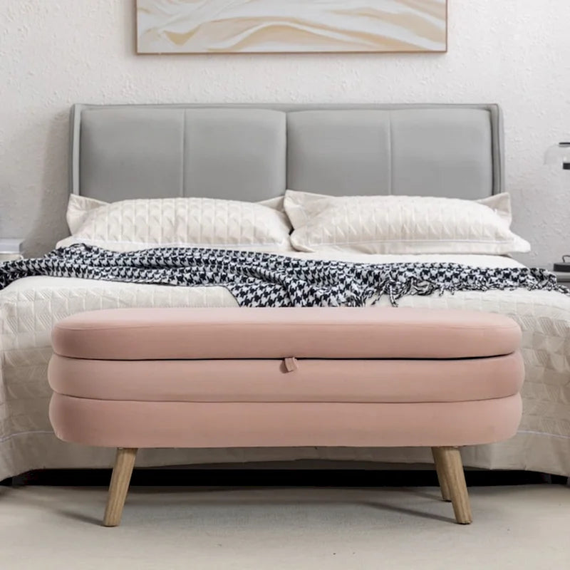 Banc de rangement capitonné avec pieds en bois, velours et bouclette