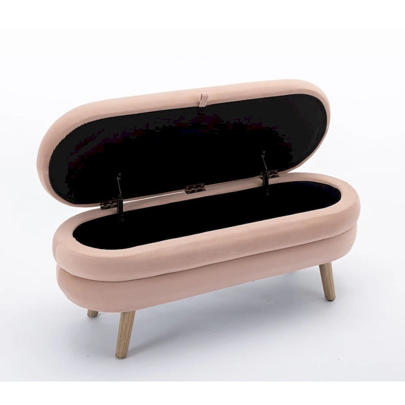 Banc de rangement capitonné avec pieds en bois, velours et bouclette