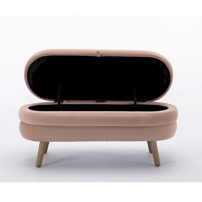Banc de rangement capitonné avec pieds en bois, velours et bouclette