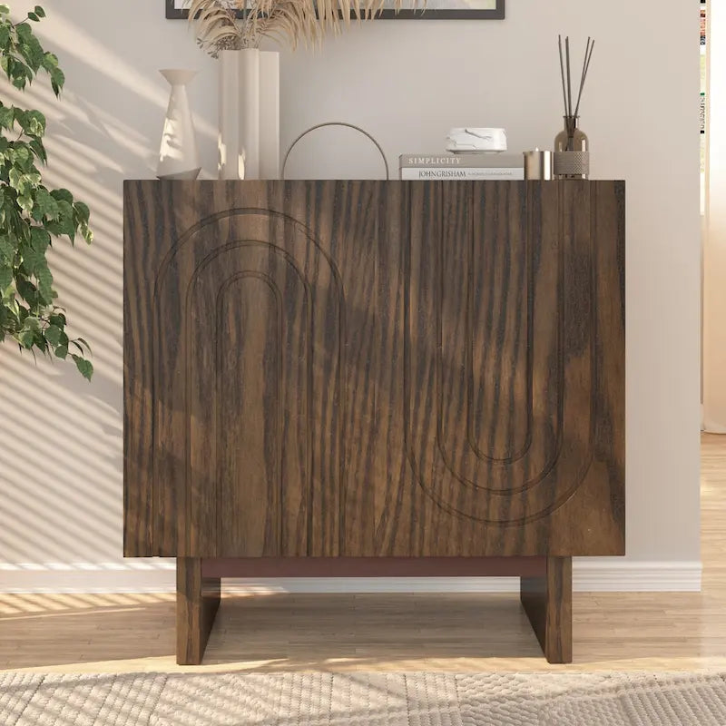 Bahut de rangement 2 portes avec cannelures imitation bois, marron et blanc