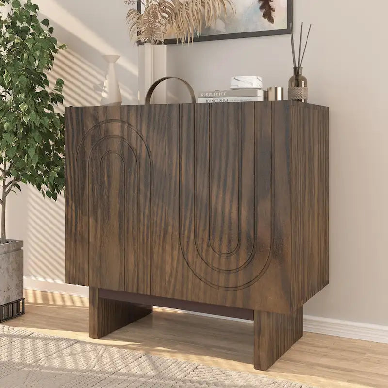 Bahut de rangement 2 portes avec cannelures imitation bois, marron et blanc