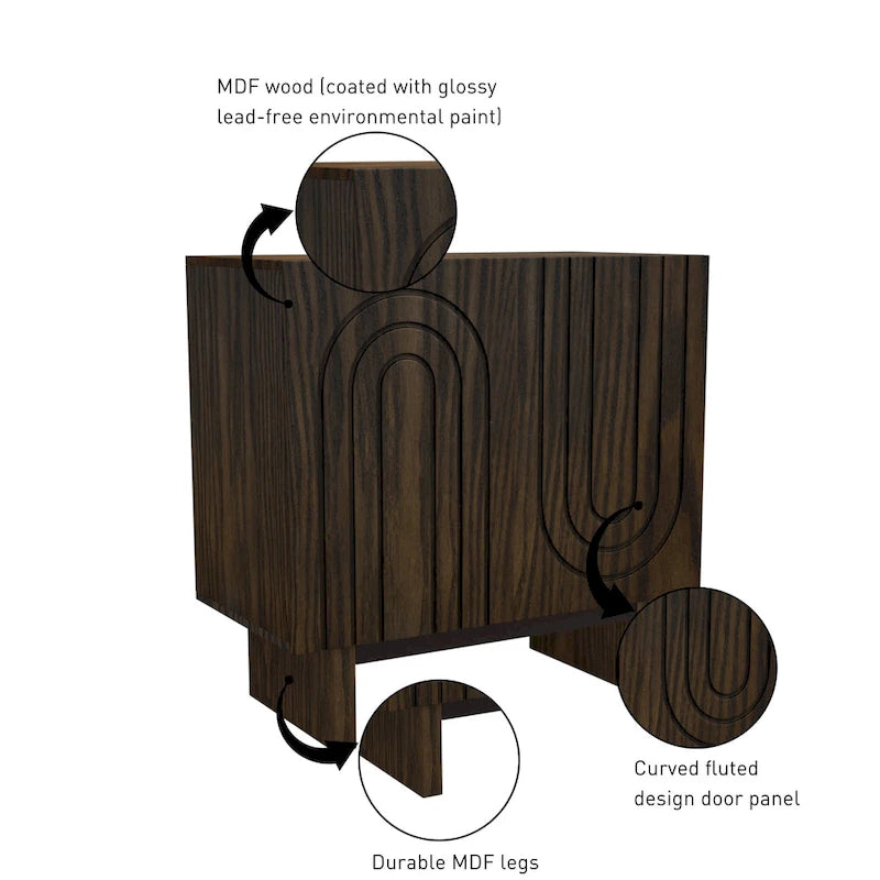 Bahut de rangement 2 portes avec cannelures imitation bois, marron et blanc