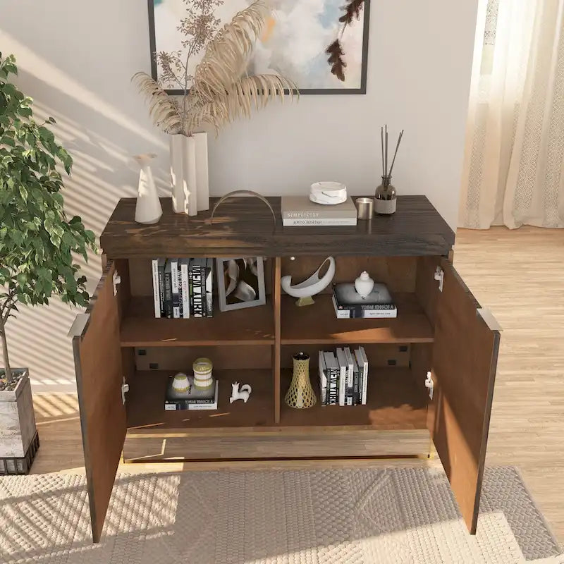 Bahut de rangement 2 portes avec cannelures imitation bois, marron et blanc