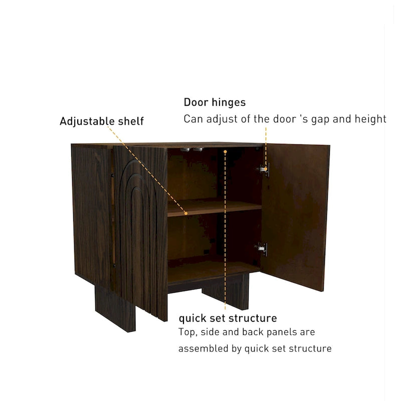 Bahut de rangement 2 portes avec cannelures imitation bois, marron et blanc