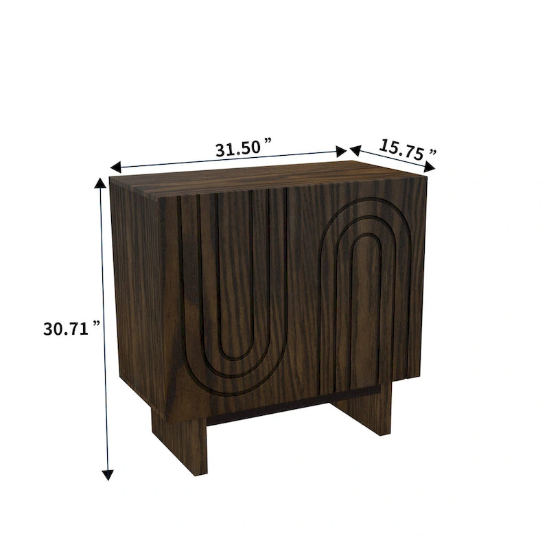 Bahut de rangement 2 portes avec cannelures imitation bois, marron et blanc
