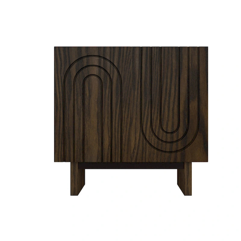 Bahut de rangement 2 portes avec cannelures imitation bois, marron et blanc