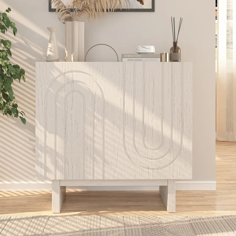 Bahut de rangement 2 portes avec cannelures imitation bois, marron et blanc