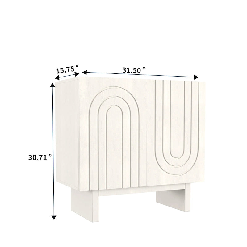 Bahut de rangement 2 portes avec cannelures imitation bois, marron et blanc