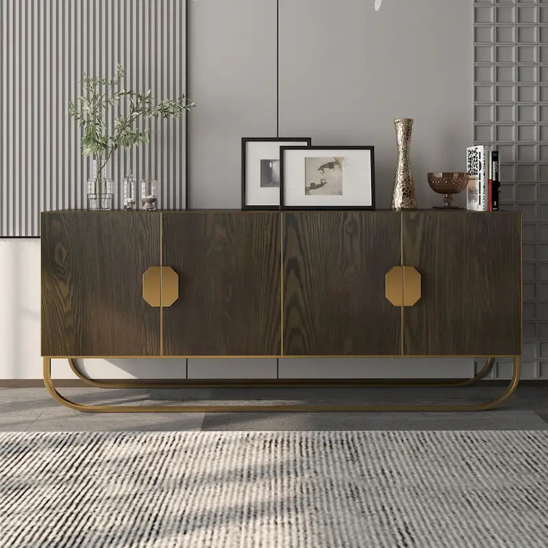Buffet 4 portes effet bois avec pieds en métal doré