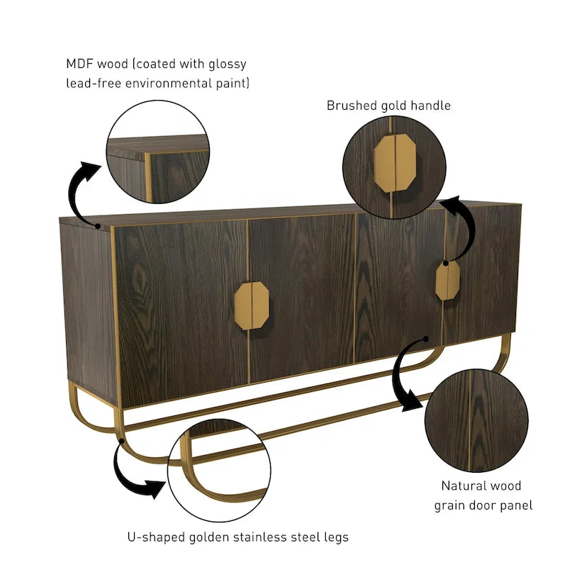 Buffet 4 portes effet bois avec pieds en métal doré