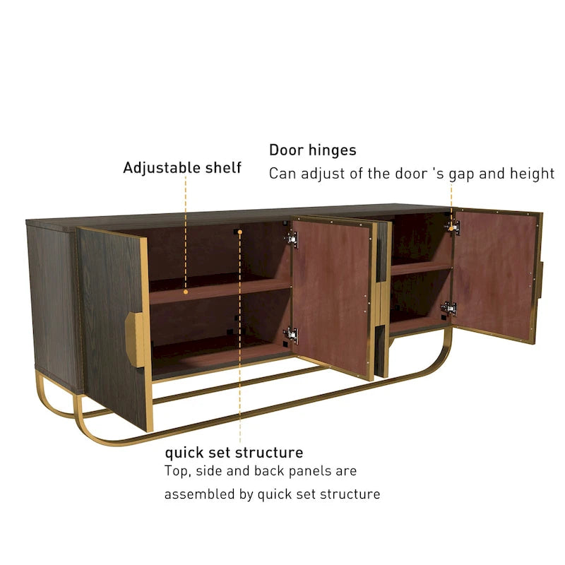 Buffet 4 portes effet bois avec pieds en métal doré