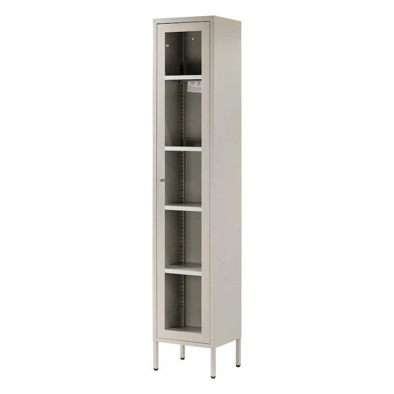 Armoire de rangement haute en acier gris avec étagères réglables et porte en acrylique transparent