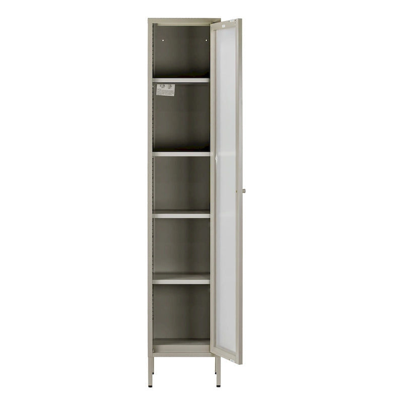 Armoire de rangement haute en acier gris avec étagères réglables et porte en acrylique transparent