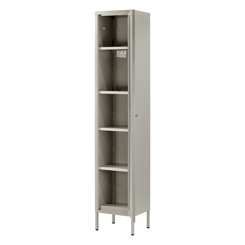 Armoire de rangement haute en acier gris avec étagères réglables et porte en acrylique transparent