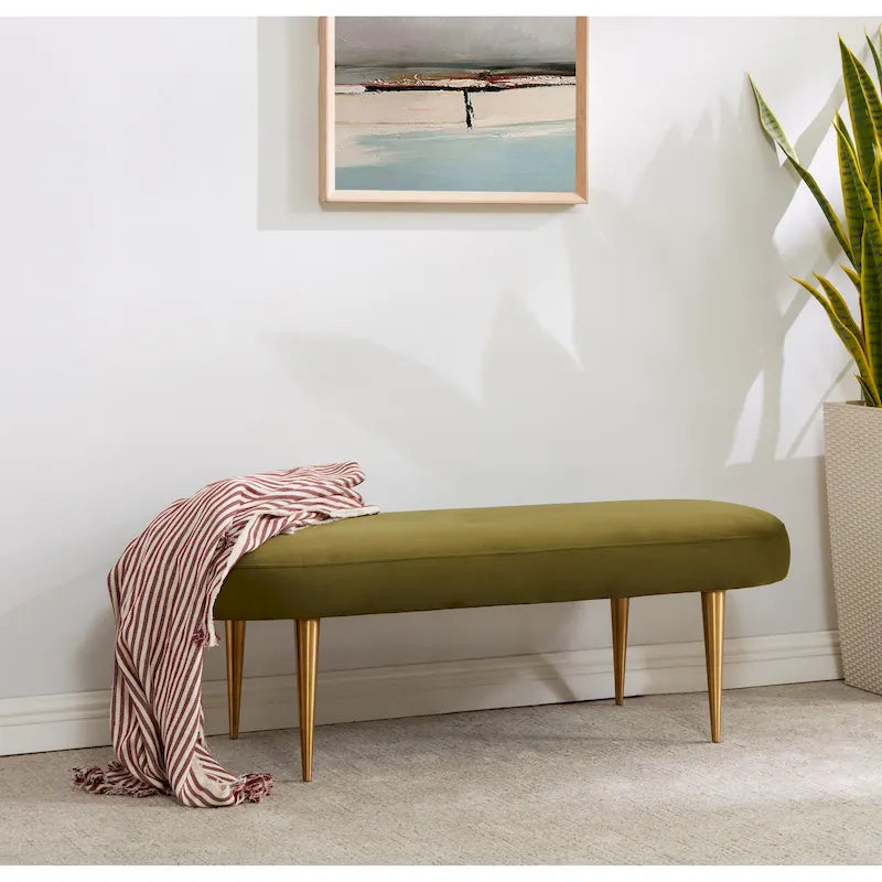 Banc d'appoint ovale en velours avec pieds en métal doré, multicolore