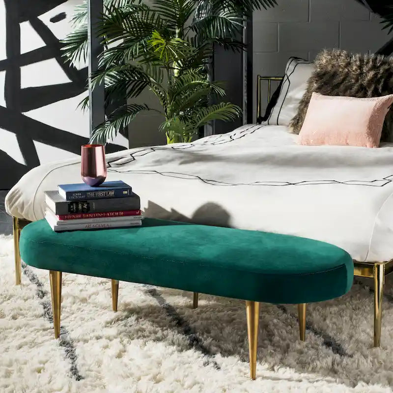 Banc d'appoint ovale en velours avec pieds en métal doré, multicolore
