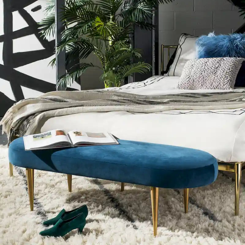 Banc d'appoint ovale en velours avec pieds en métal doré, multicolore