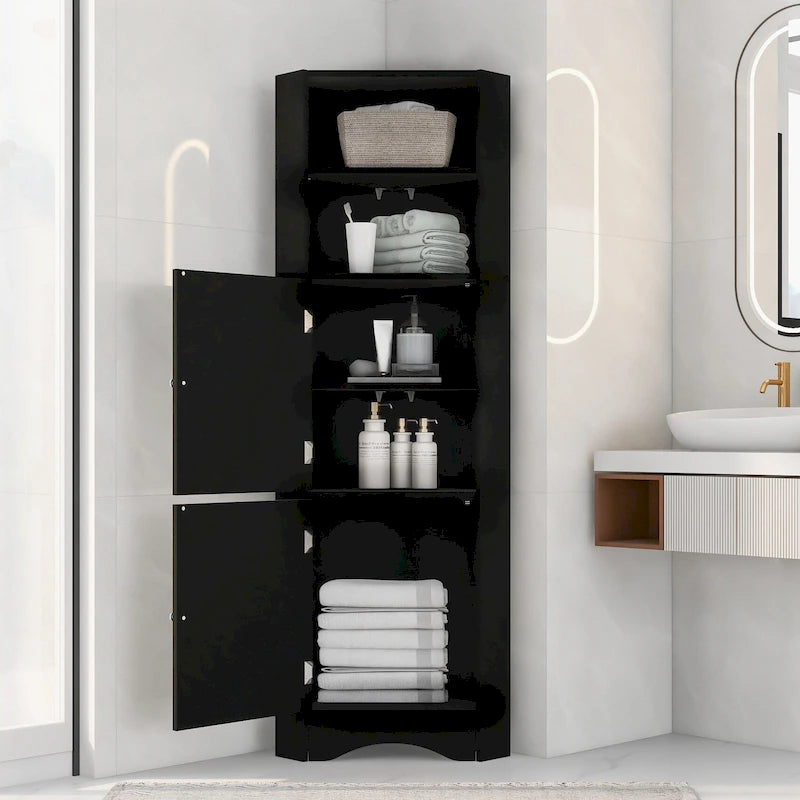 Meuble de rangement d'angle haut avec 2 portes, étagères réglables, noir, blanc, gris
