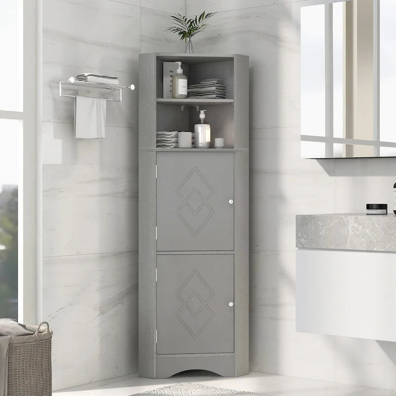 Meuble de rangement d'angle haut avec 2 portes, étagères réglables, noir, blanc, gris