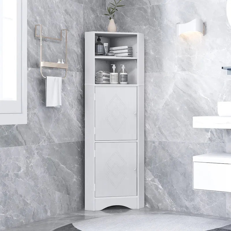 Meuble de rangement d'angle haut avec 2 portes, étagères réglables, noir, blanc, gris