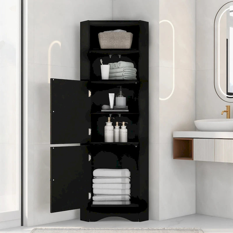 Meuble de rangement d'angle haut avec 2 portes, étagères réglables, noir, blanc, gris
