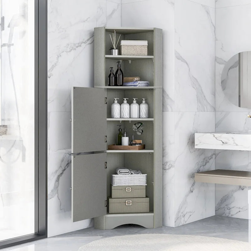 Meuble de rangement d'angle haut avec 2 portes, étagères réglables, noir, blanc, gris