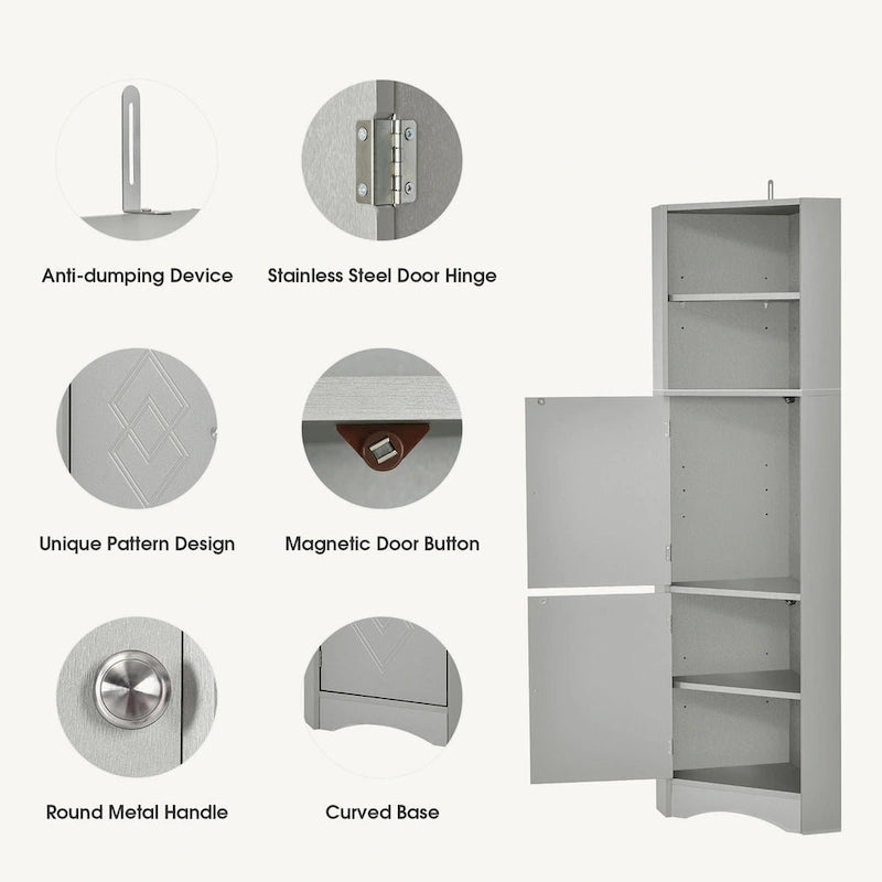Meuble de rangement d'angle haut avec 2 portes, étagères réglables, noir, blanc, gris