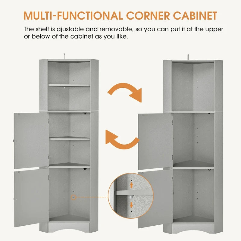 Meuble de rangement d'angle haut avec 2 portes, étagères réglables, noir, blanc, gris