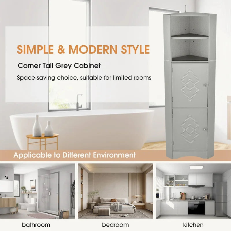 Meuble de rangement d'angle haut avec 2 portes, étagères réglables, noir, blanc, gris