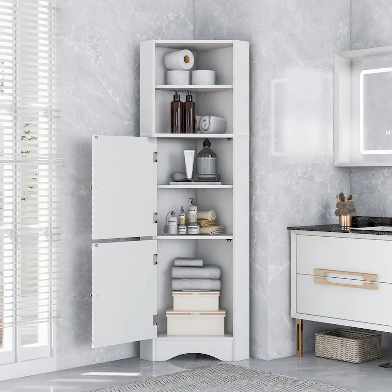 Meuble de rangement d'angle haut avec 2 portes, étagères réglables, noir, blanc, gris