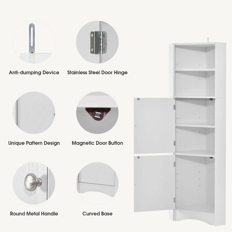Meuble de rangement d'angle haut avec 2 portes, étagères réglables, noir, blanc, gris