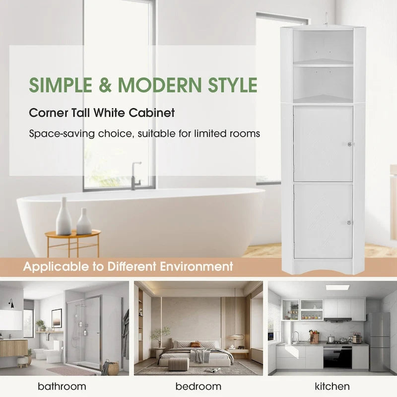 Meuble de rangement d'angle haut avec 2 portes, étagères réglables, noir, blanc, gris