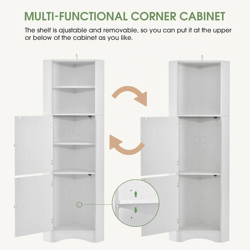 Meuble de rangement d'angle haut avec 2 portes, étagères réglables, noir, blanc, gris
