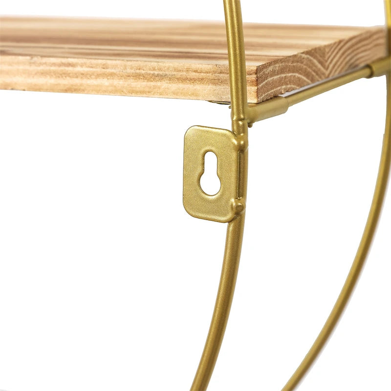 Étagère Murale Flottante Ronde à 3 Niveaux, Cadre en Métal Doré, Étagères en Bois de Chêne