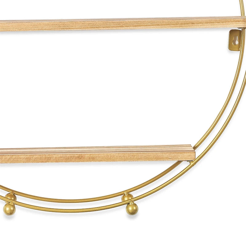 Étagère Murale Flottante Ronde à 3 Niveaux, Cadre en Métal Doré, Étagères en Bois de Chêne