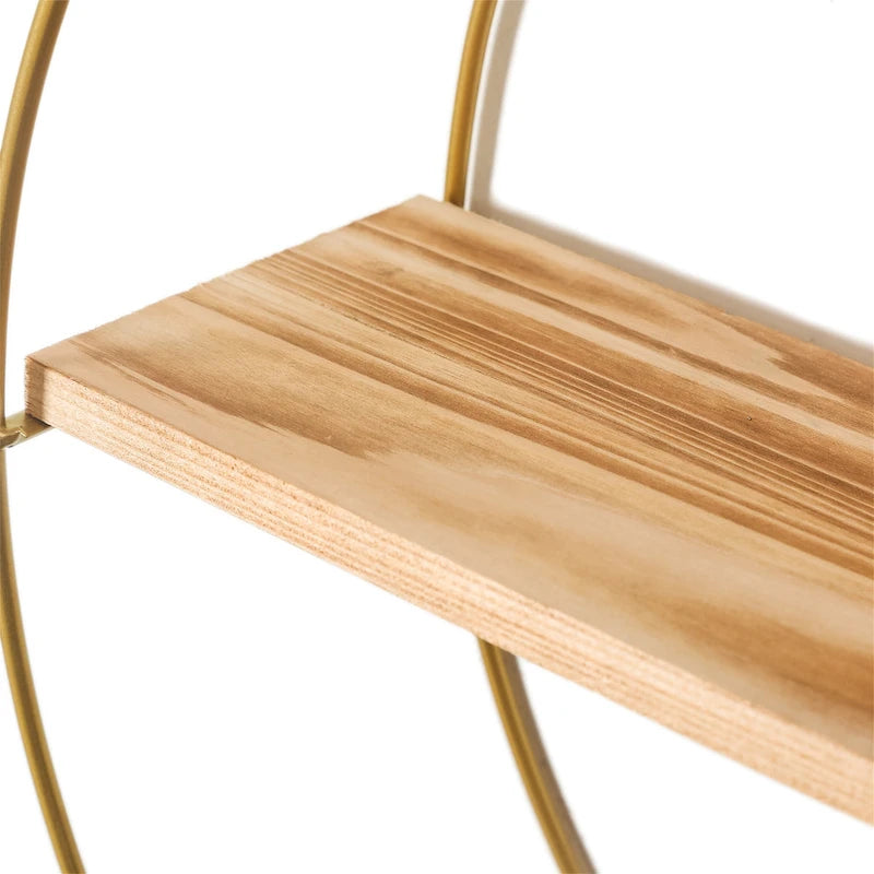 Étagère Murale Flottante Ronde à 3 Niveaux, Cadre en Métal Doré, Étagères en Bois de Chêne