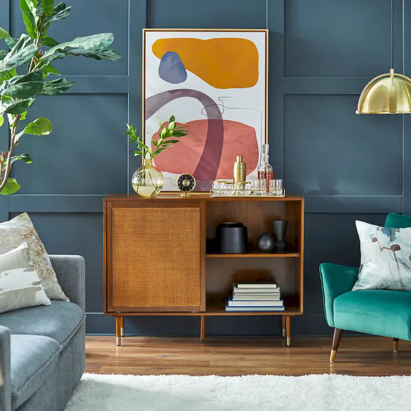 Buffet en rotin Mid-Century avec portes coulissantes, finition noire, naturelle et laiton