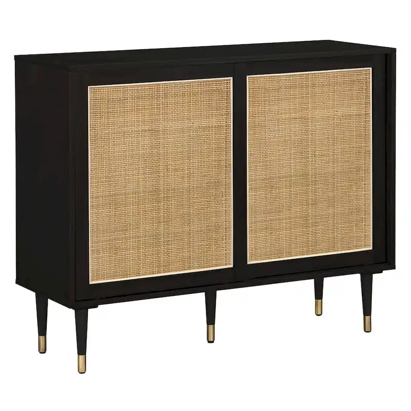 Buffet en rotin Mid-Century avec portes coulissantes, finition noire, naturelle et laiton