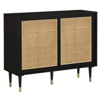 Buffet en rotin Mid-Century avec portes coulissantes, finition noire, naturelle et laiton