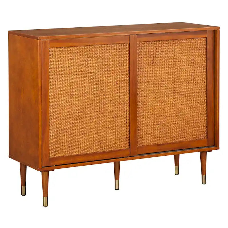 Buffet en rotin Mid-Century avec portes coulissantes, finition noire, naturelle et laiton