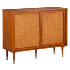Buffet en rotin Mid-Century avec portes coulissantes, finition noire, naturelle et laiton