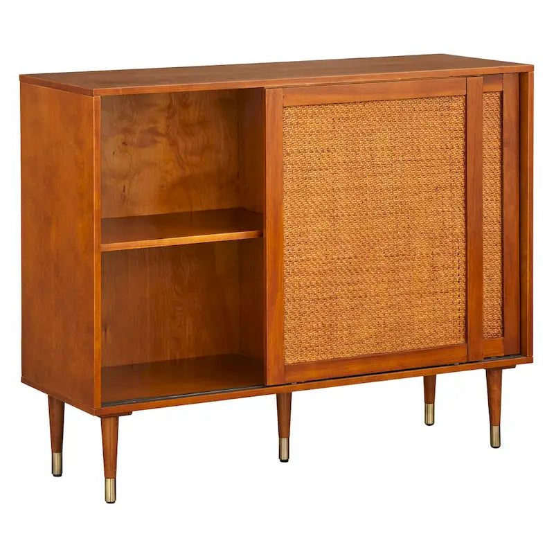 Buffet en rotin Mid-Century avec portes coulissantes, finition noire, naturelle et laiton