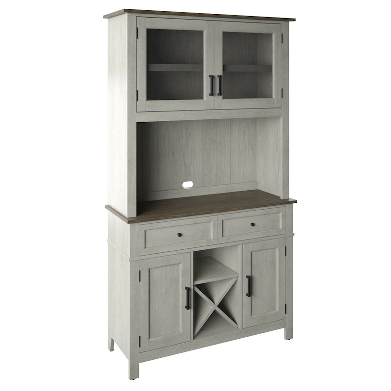 Vaisselier de ferme avec portes vitrées, casier à vin, deux tons