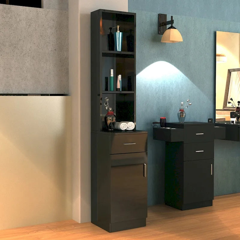 Meuble de rangement de salon en MDF noir avec étagères ouvertes, tiroir et porte verrouillables