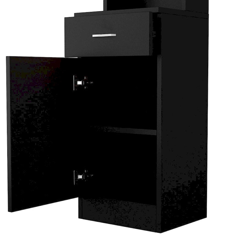 Meuble de rangement de salon en MDF noir avec étagères ouvertes, tiroir et porte verrouillables