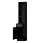 Meuble de rangement de salon en MDF noir avec étagères ouvertes, tiroir et porte verrouillables