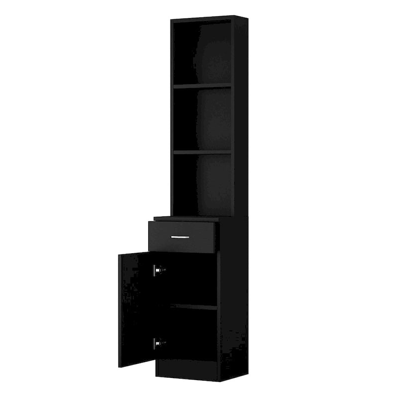 Meuble de rangement de salon en MDF noir avec étagères ouvertes, tiroir et porte verrouillables