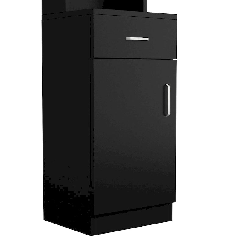Meuble de rangement de salon en MDF noir avec étagères ouvertes, tiroir et porte verrouillables