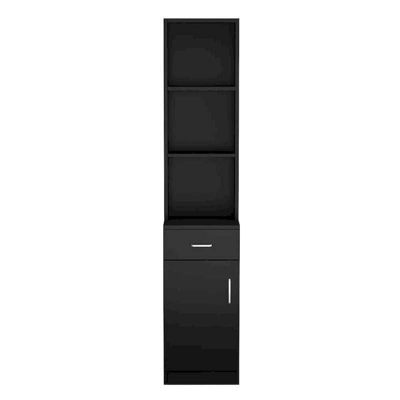 Meuble de rangement de salon en MDF noir avec étagères ouvertes, tiroir et porte verrouillables